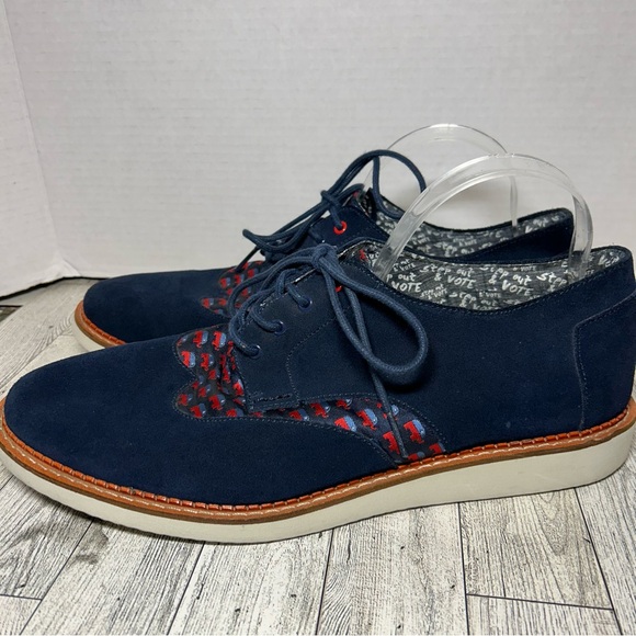 Tom’s Republican Elephant print navy oxfords suede lace up size 12 Trump Vote